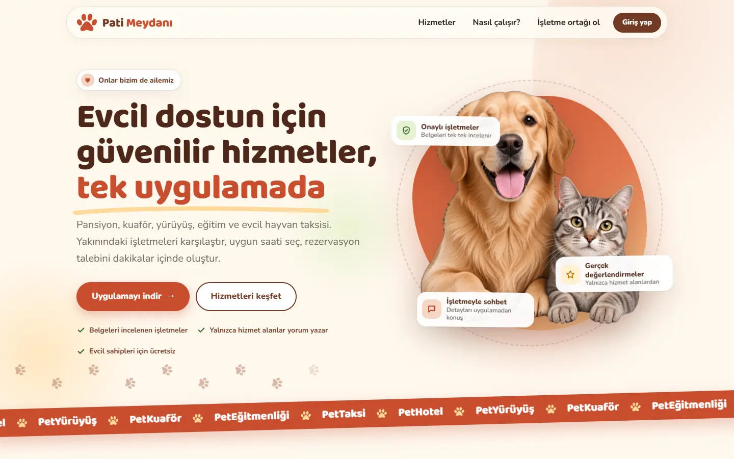 Evcil hayvan hizmetleri rezervasyon platformunun ana sayfası