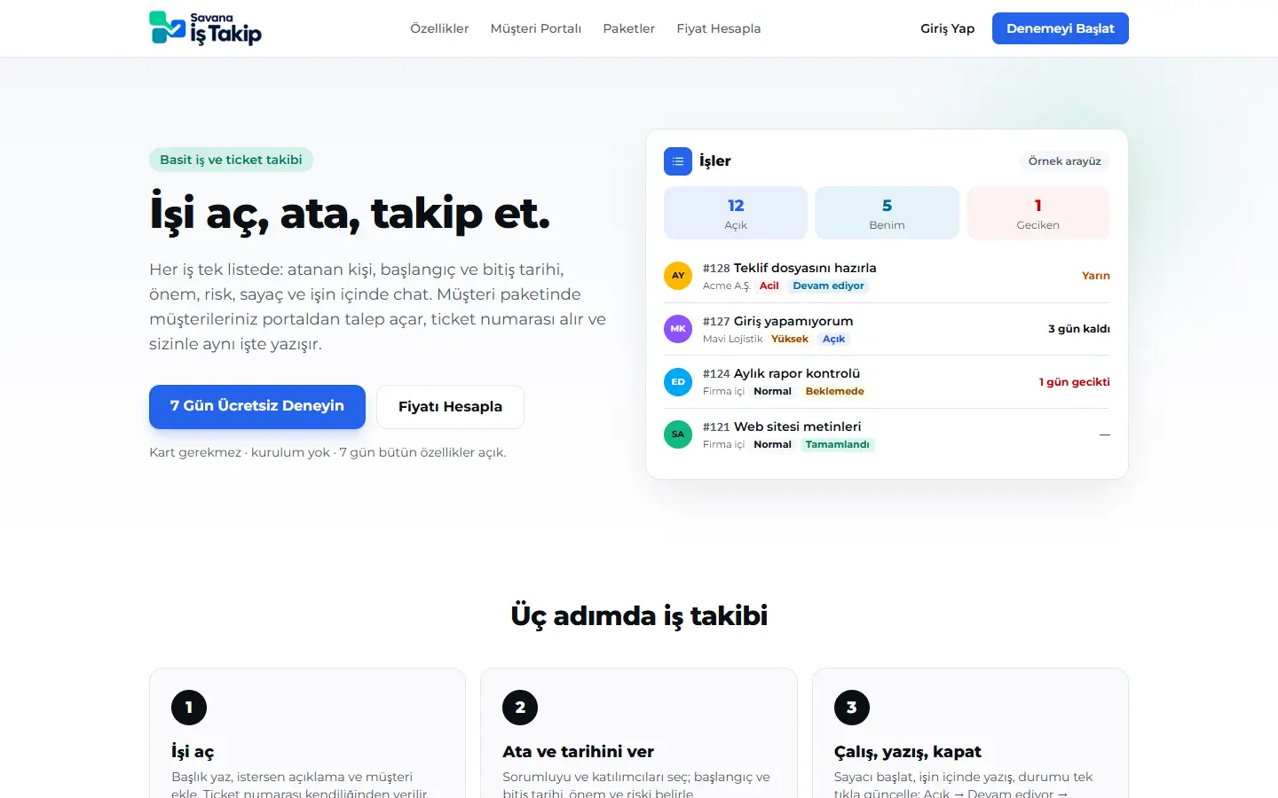 Savana İş Takip tanıtım sayfası