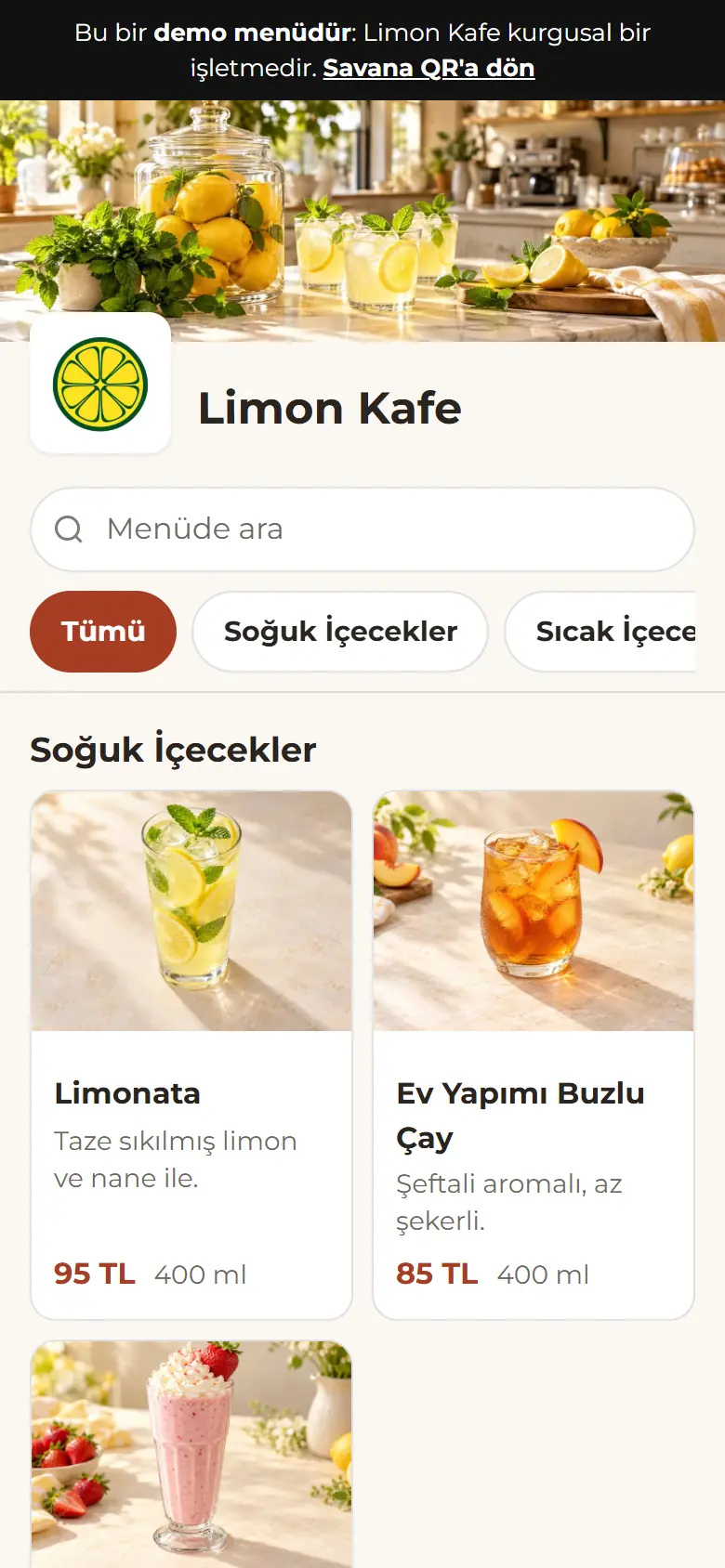 Savana QR Menü'nün telefonda açılan örnek menüsü