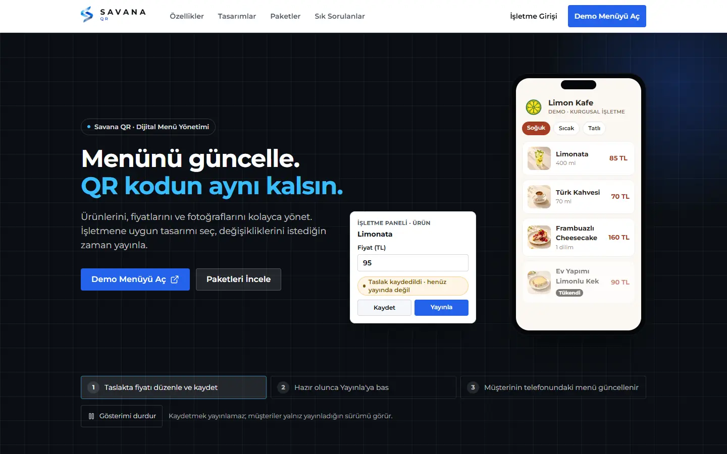 Savana QR Menü tanıtım sayfası