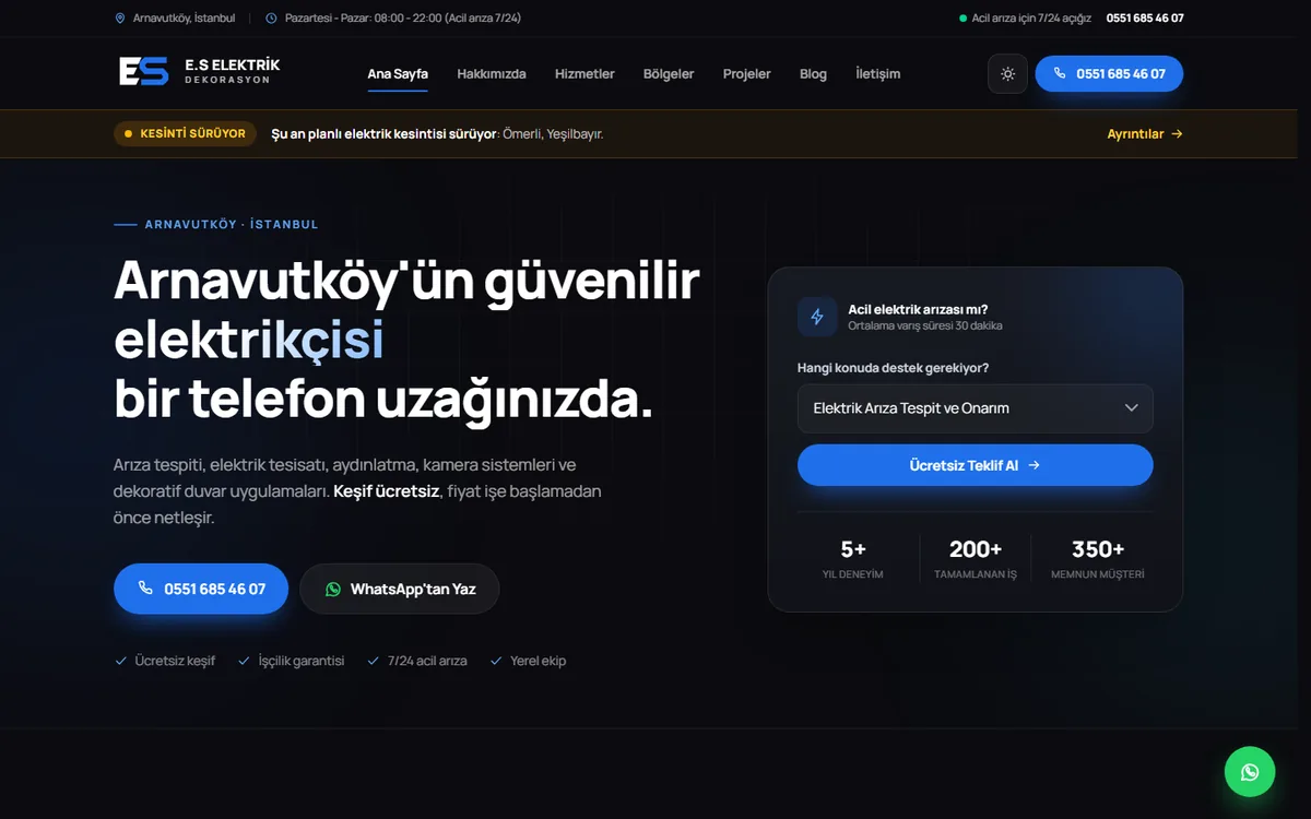 ES Elektrik Arnavutköy web sitesi ekran görüntüsü